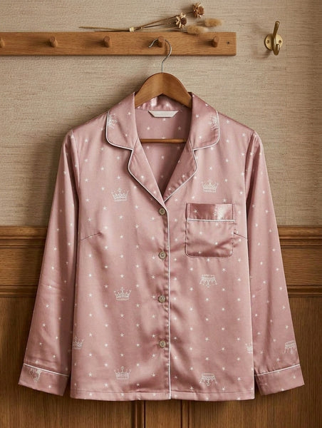 Women's Dusty Rose Crown and Star Print Satin Pajama Set
