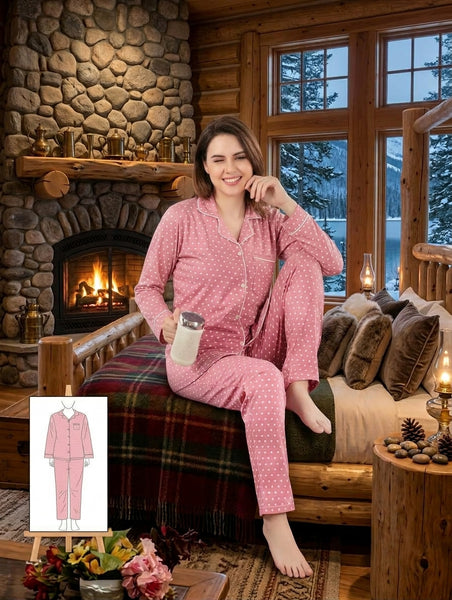 Women's Long-Sleeve Polka Dot Pajama Set - Cozy Button-Up Loungewear