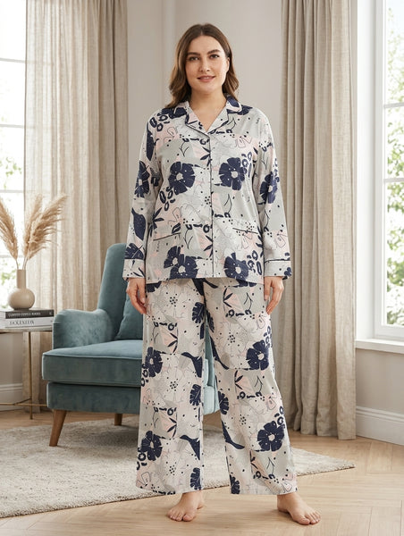 Women's Floral Long Sleeve Pajama Set - Notch Collar Button-Down Sleepwear