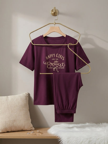 Women's Elderberry Wine Jersey Pajama Set - "Happy Girls Are The Prettiest" Print