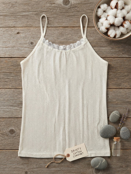 Women’s White Lace Trim Polka Dot Camisole