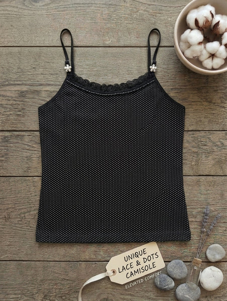 Women’s Black Lace Trim Polka Dot Camisole