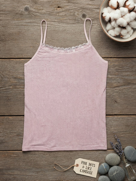 Women’s Pink Lace Trim Polka Dot Camisole