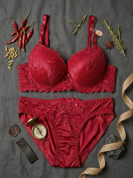 Bridal Mahroon Pushup Lace Bra & Panty Set – Silk & Satin Collection
