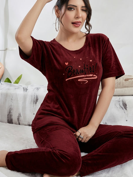 Women's Luxurious Maroon Pajama Set - "Beauties!" Heart Print