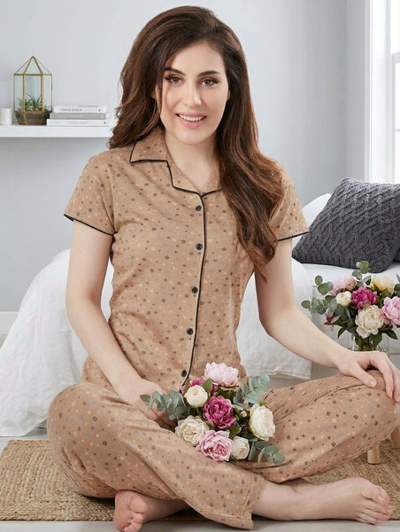 Women’s Cotton-Modal Notch Collar Short Sleeve Pajama Set in Mocha Ditsy Floral