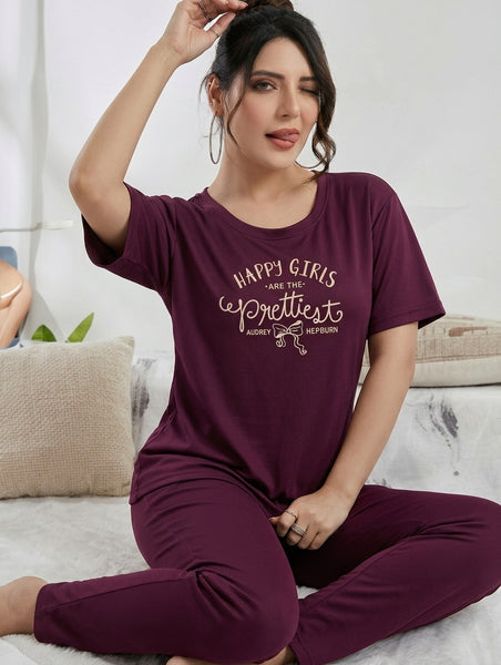 Women's Elderberry Wine Jersey Pajama Set - "Happy Girls Are The Prettiest" Print